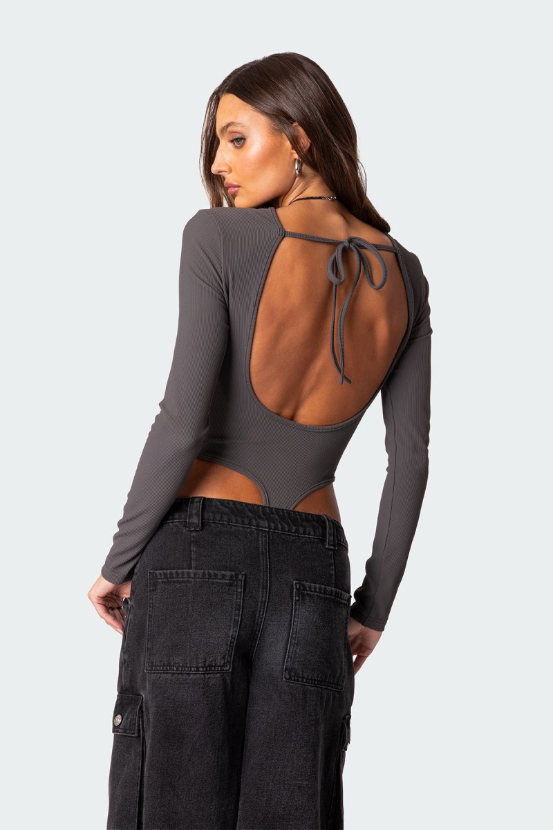 Edikted Dance Academy Open Back Bodysuit Long Sleeve Tops Dark Gray | USA QE145874Q0