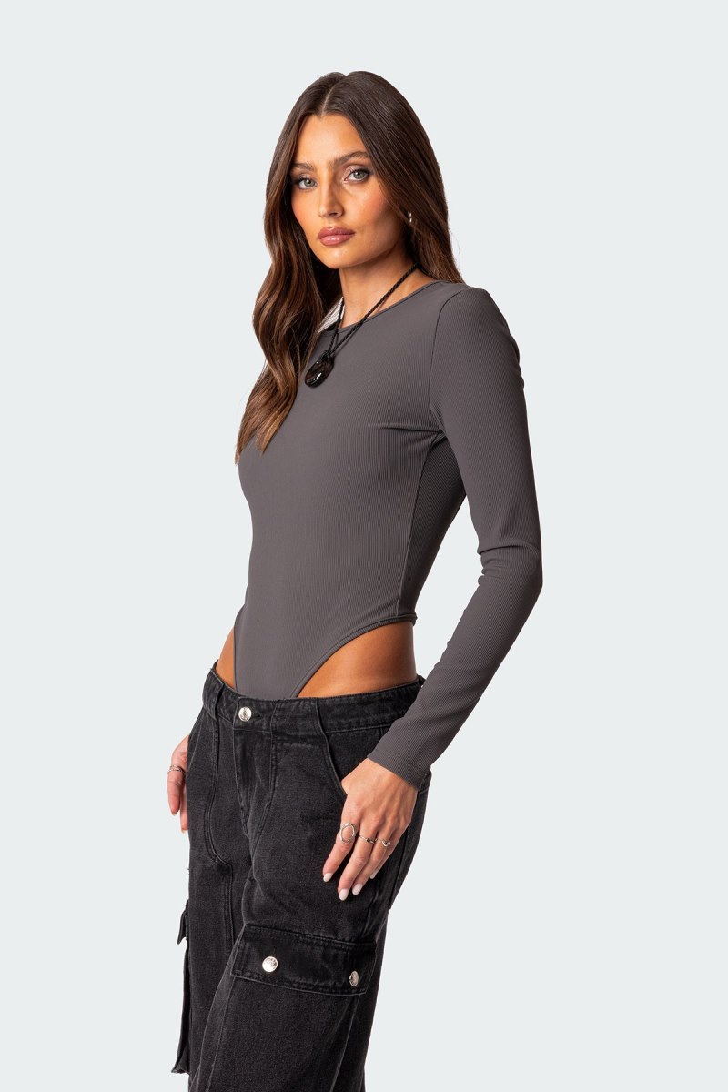 Edikted Dance Academy Open Back Bodysuit Long Sleeve Tops Dark Gray | USA QE145874Q0