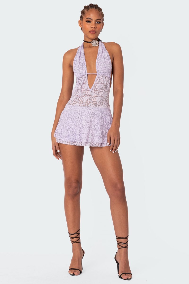 Edikted Danny Open Back Sheer Lace Mini Dress Black | USA GF223492E3