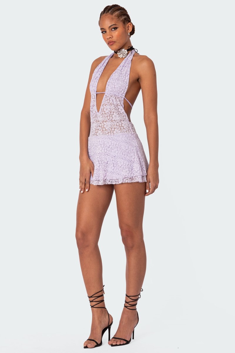 Edikted Danny Open Back Sheer Lace Mini Dress Black | USA GF223492E3