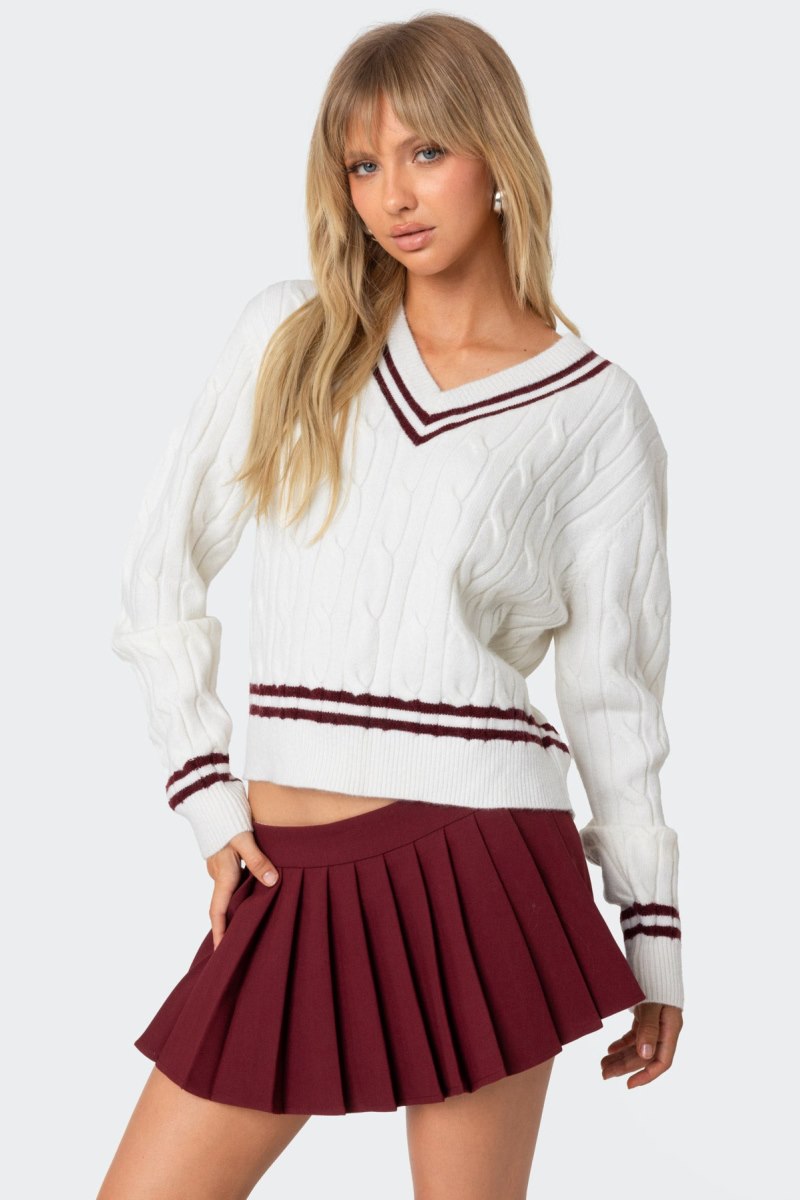 Edikted Dean V Neck Cable Knit Sweater Cream | USA WE666096C1
