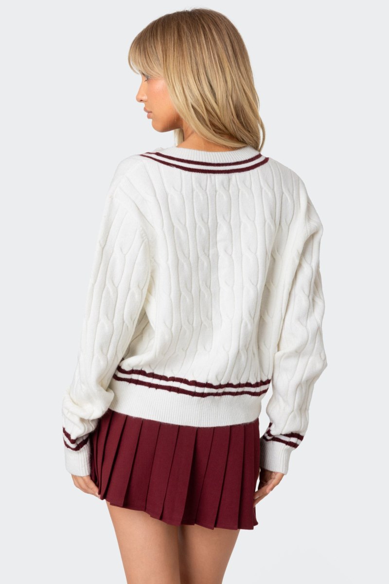 Edikted Dean V Neck Cable Knit Sweater Cream | USA WE666096C1