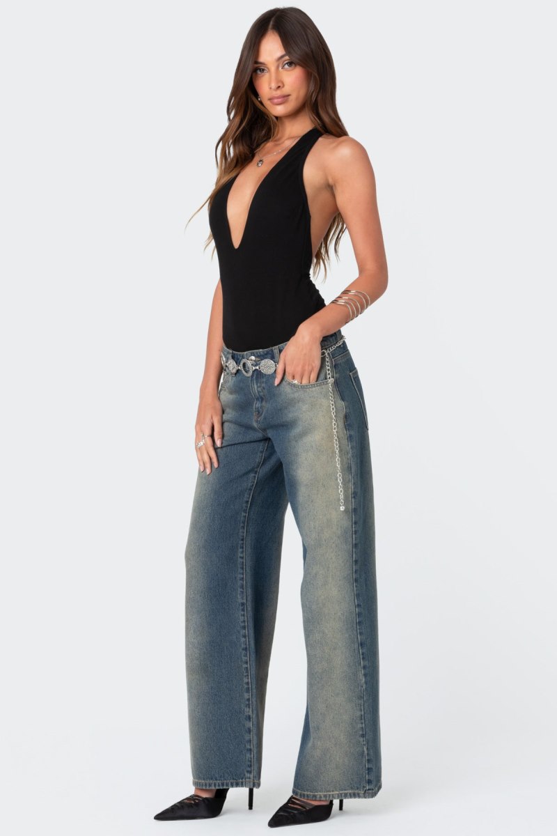 Edikted Deep V Backless Bodysuit Black | USA UV482428K8