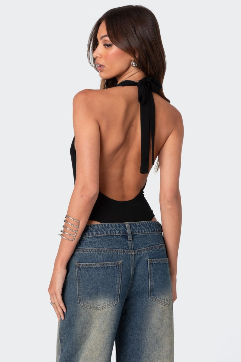 Edikted Deep V Backless Bodysuit Black | USA UV482428K8