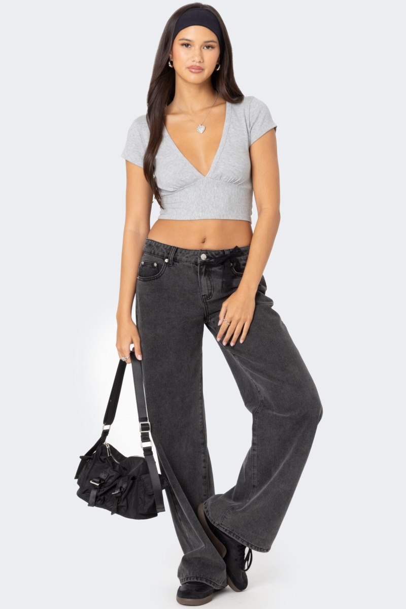 Edikted Deep V Neck Crop Tops Gray Melange | USA CX904830K9