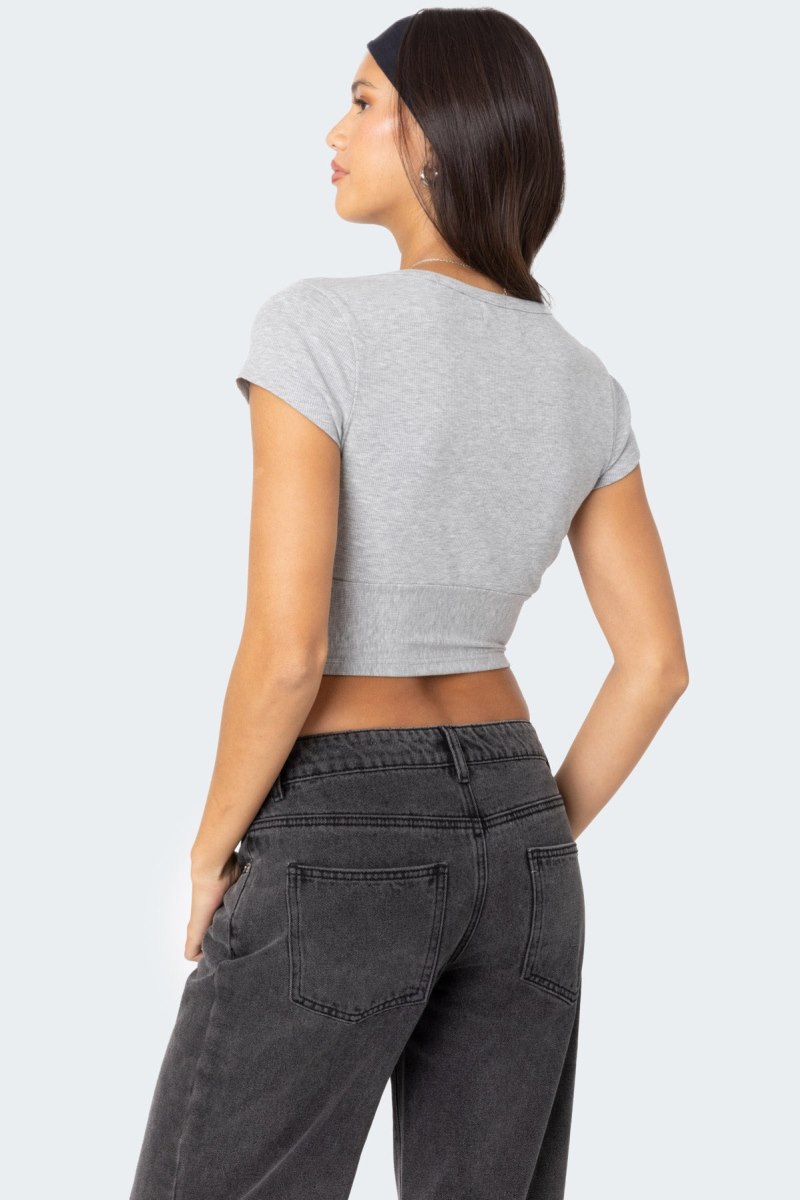 Edikted Deep V Neck Crop Tops Gray Melange | USA CX904830K9