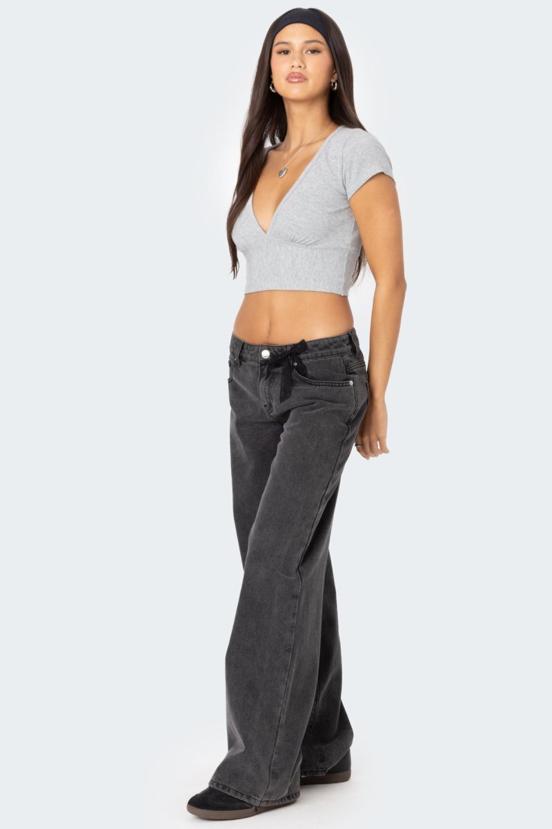Edikted Deep V Neck Crop Tops Gray Melange | USA CX904830K9
