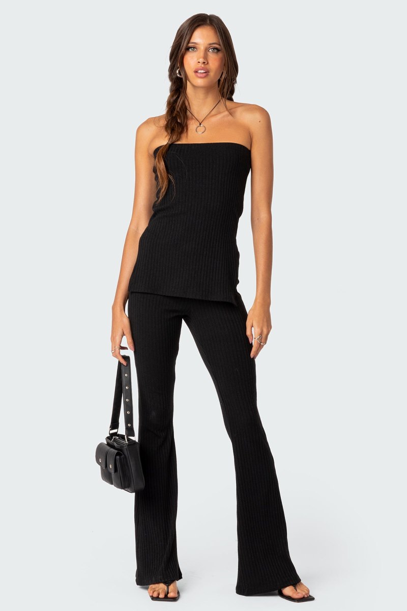 Edikted Dekota Ribbed Flared Pants Black | USA NX000400C1
