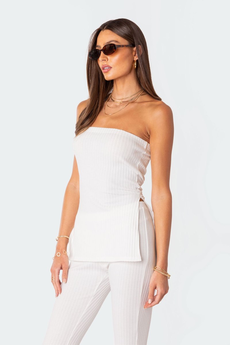 Edikted Dekota Slit Ribbed Strapless Tops Black | USA CM896549I9