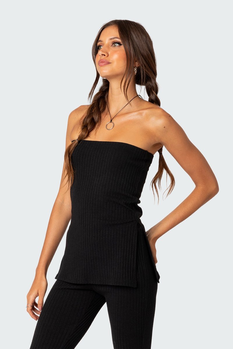 Edikted Dekota Slit Ribbed Strapless Tops Black | USA MY532243A6