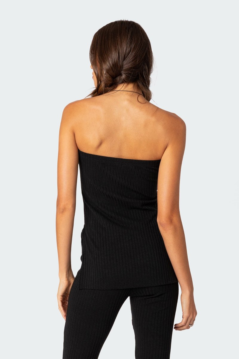 Edikted Dekota Slit Ribbed Strapless Tops Black | USA MY532243A6