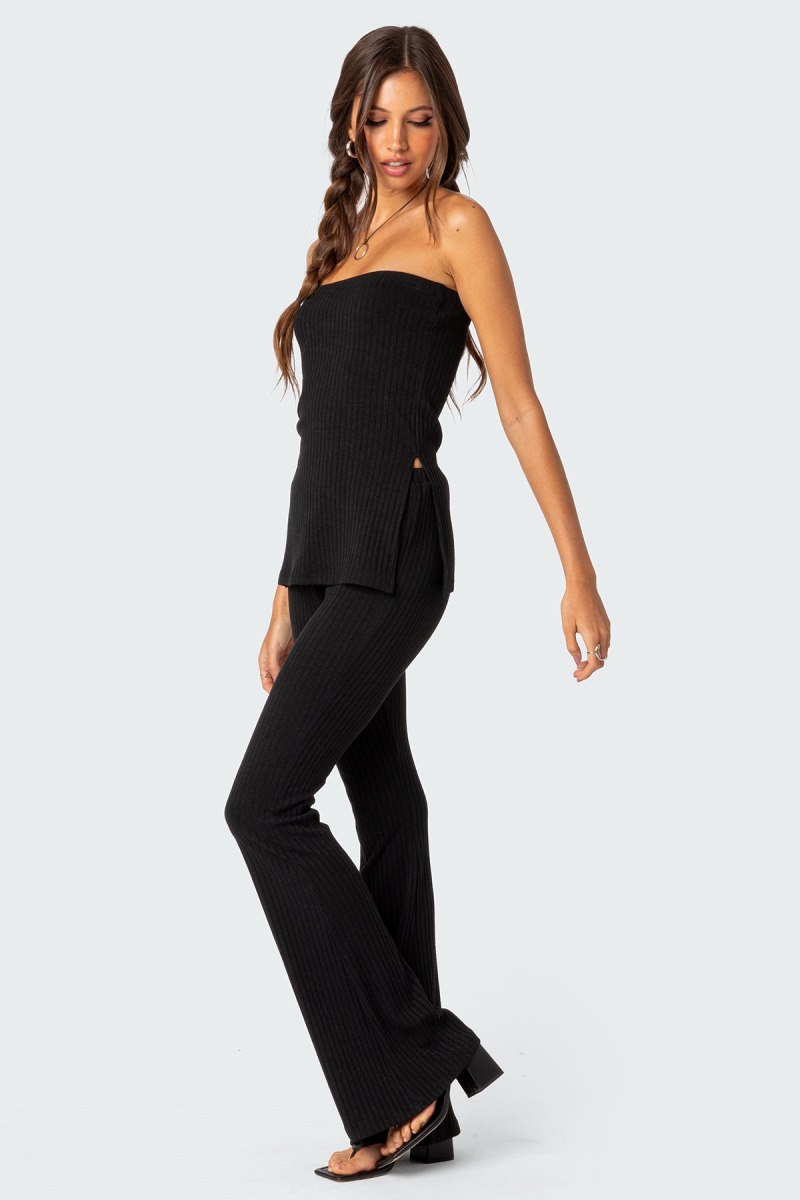 Edikted Dekota Slit Ribbed Strapless Tops Black | USA MY532243A6