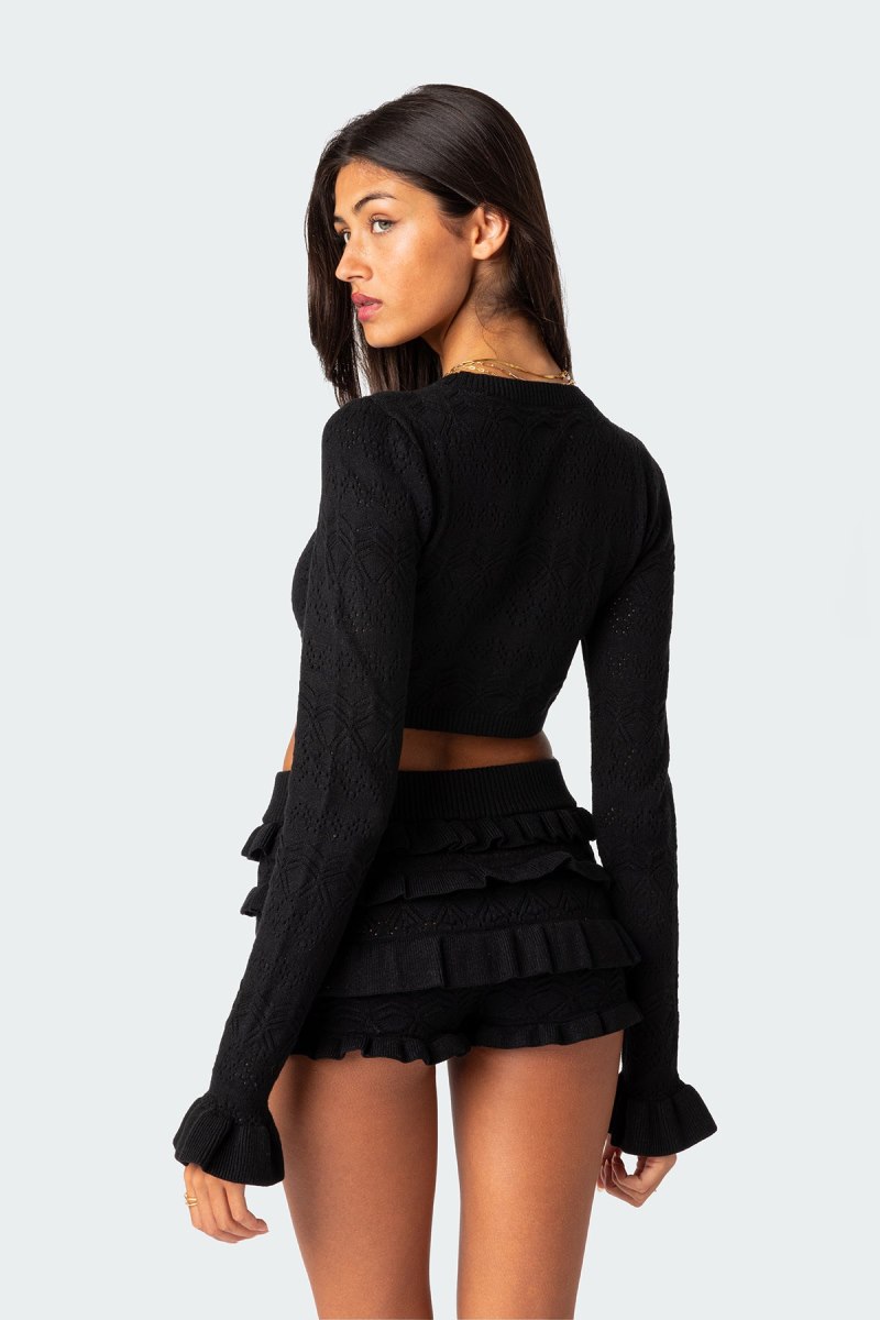 Edikted Delana Embroidered Knit Crop Long Sleeve Tops Black | USA QQ319731K7