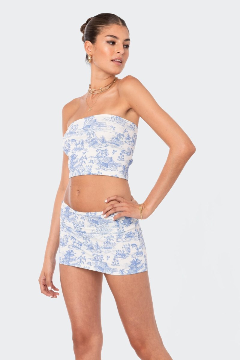 Edikted Delft Print Strapless Crop Tops Blue | USA BW460256D4