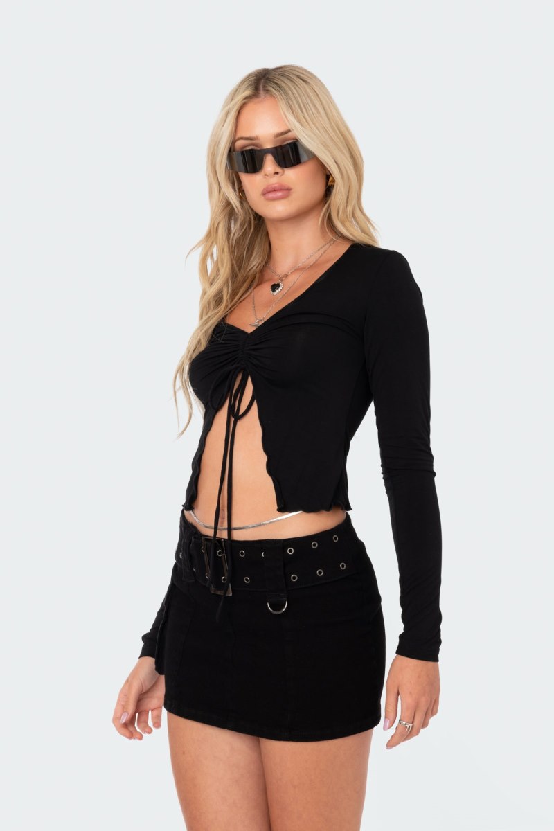 Edikted Della Tie Front Long Sleeve Tops Black | USA EG053865I7