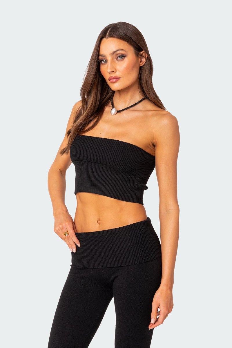 Edikted Desiree Fold Over Knit Tube Crop Tops Black | USA DP968226A4