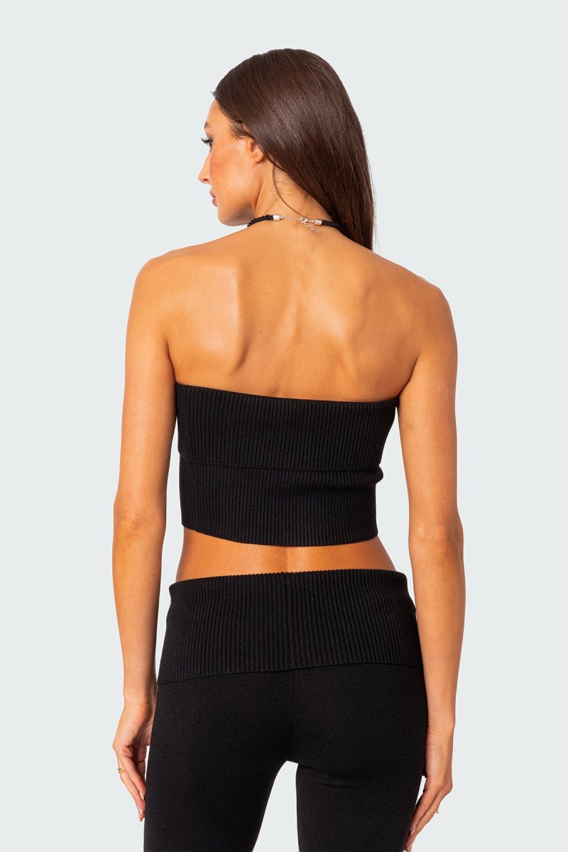 Edikted Desiree Fold Over Knit Tube Crop Tops Black | USA DP968226A4