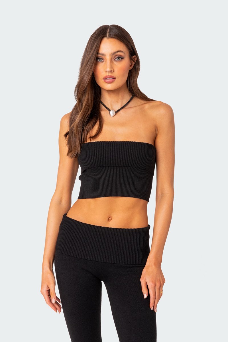 Edikted Desiree Fold Over Knit Tube Crop Tops Black | USA DP968226A4