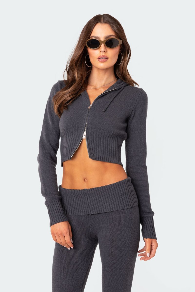 Edikted Desiree Knitted Hooded Cardigan Long Sleeve Tops Black | USA FQ822642G8