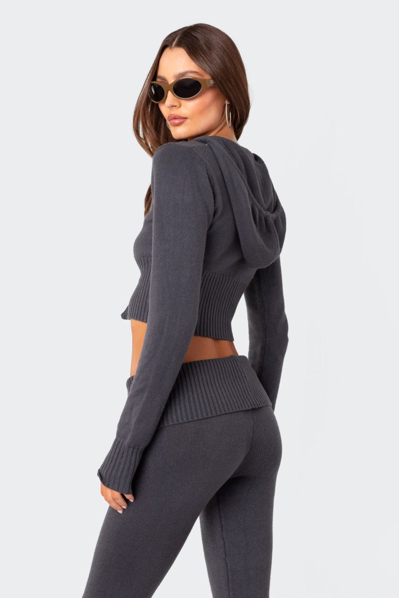 Edikted Desiree Knitted Hooded Cardigan Long Sleeve Tops Black | USA FQ822642G8