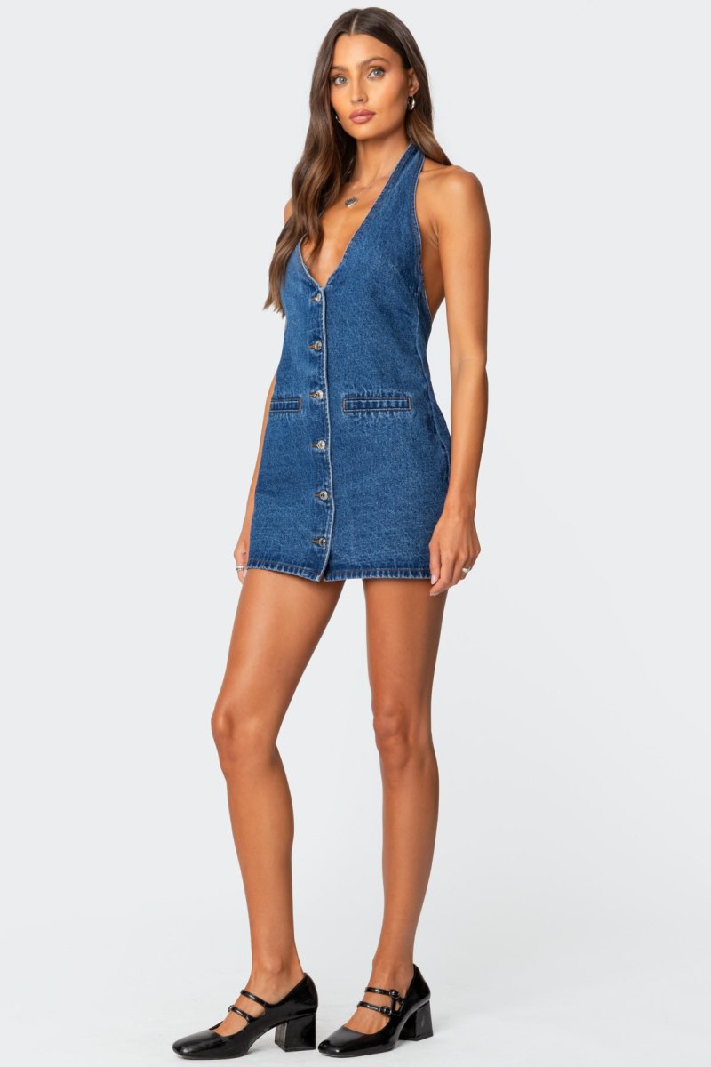Edikted Destinee Denim Halter Mini Dress Blue Washed | USA CF333353W4