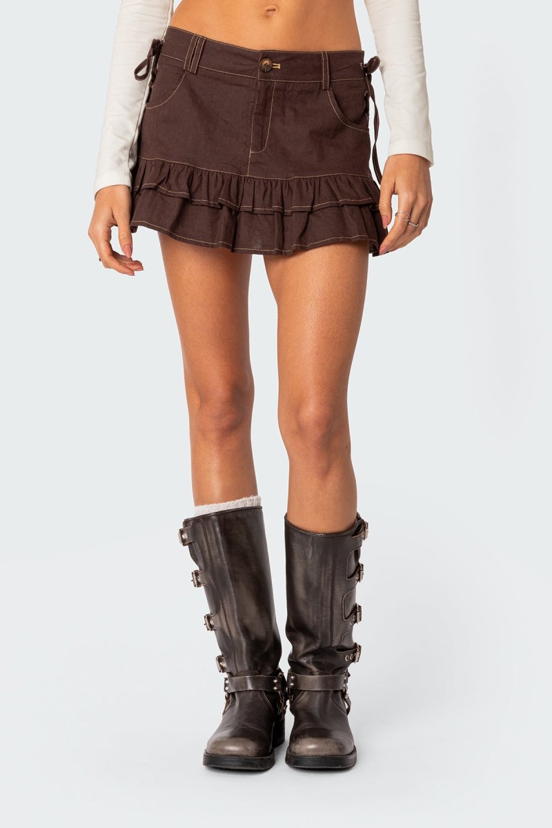 Edikted Dev Ruffle Linen Look Mini Skirts Brown | USA EY941094P8