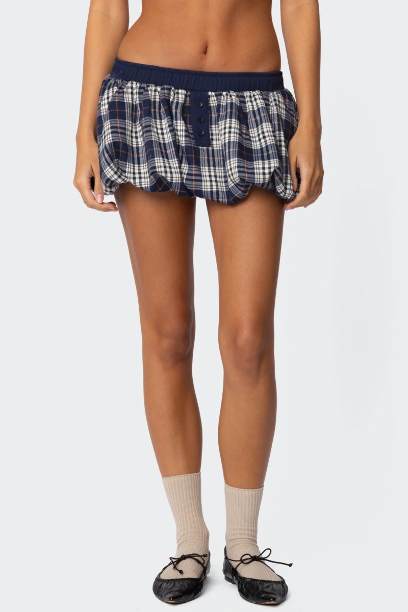 Edikted Dianna Plaid Bubble Mini Skorts Navy | USA CN596459W3