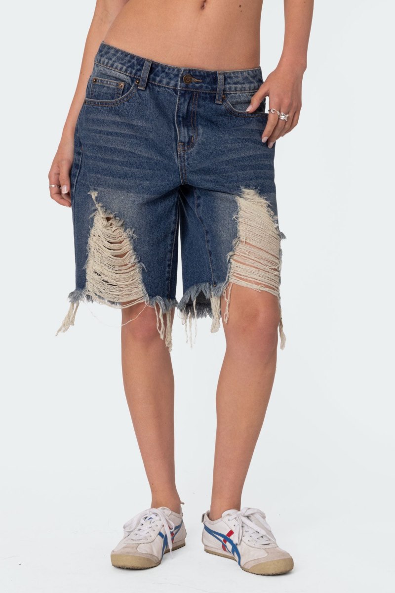 Edikted Distressed Denim Bermuda Shorts Blue | USA LL276167M1