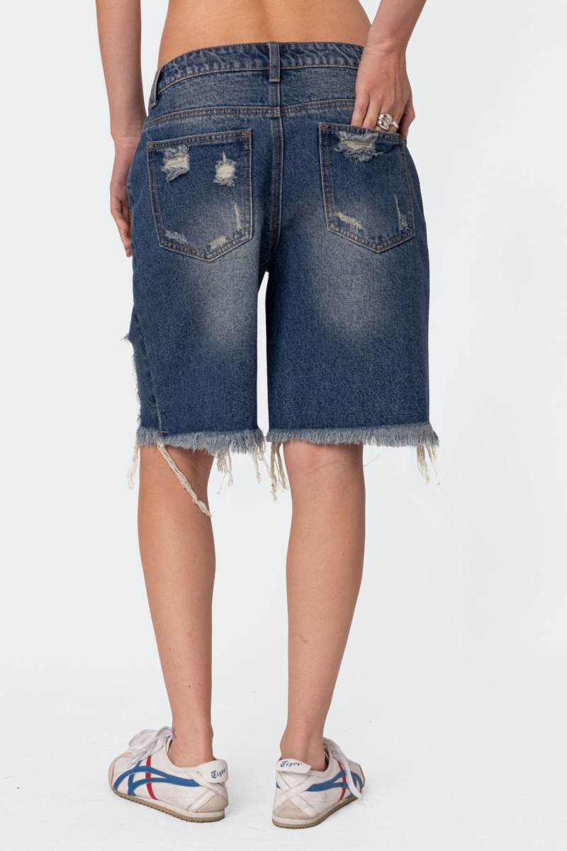 Edikted Distressed Denim Bermuda Shorts Blue | USA LL276167M1