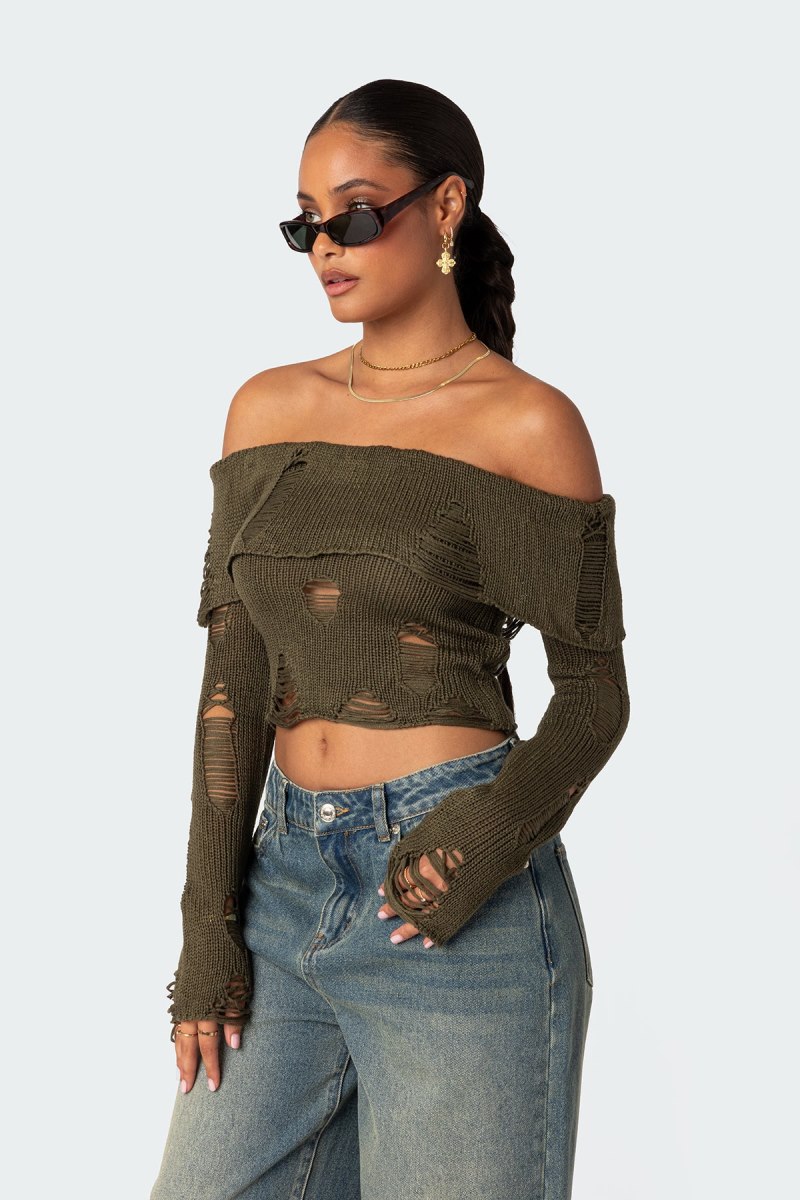 Edikted Distressed Fold Over Sweater Knitted Tops Olive | USA XQ383388O4