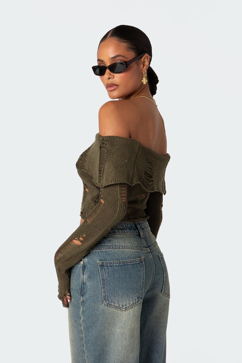 Edikted Distressed Fold Over Sweater Knitted Tops Olive | USA XQ383388O4