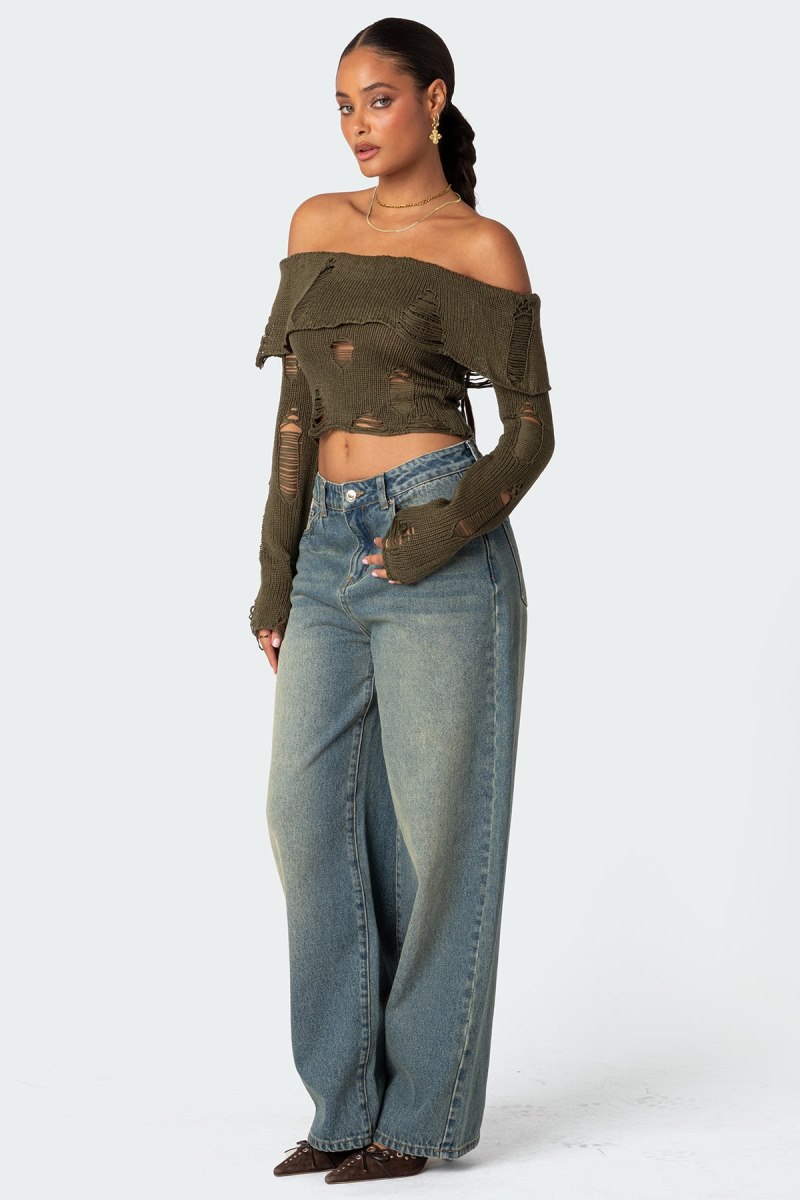 Edikted Distressed Fold Over Sweater Knitted Tops Olive | USA XQ383388O4