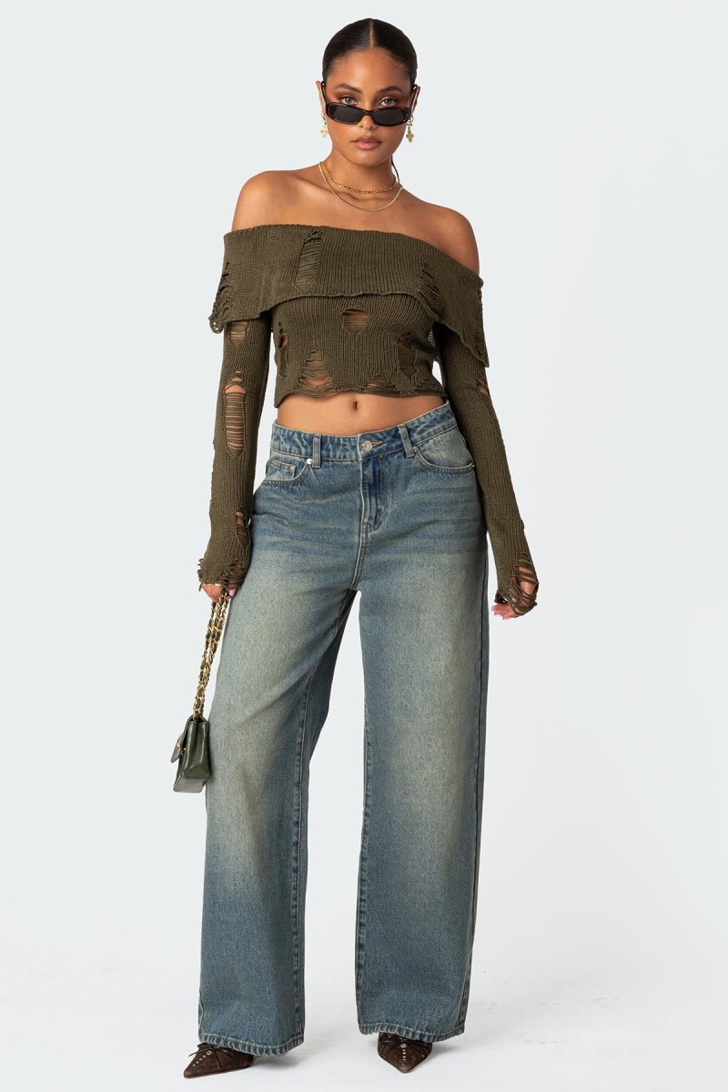 Edikted Distressed Fold Over Sweater Long Sleeve Tops Olive | USA JV296509I2