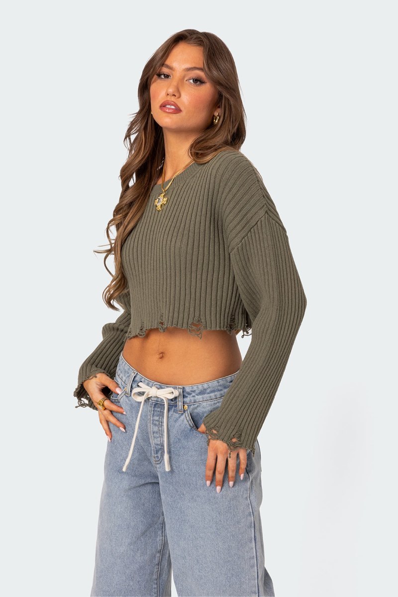Edikted Distressed Hem Oversized Cropped Sweater Long Sleeve Tops Olive | USA XU779197L7