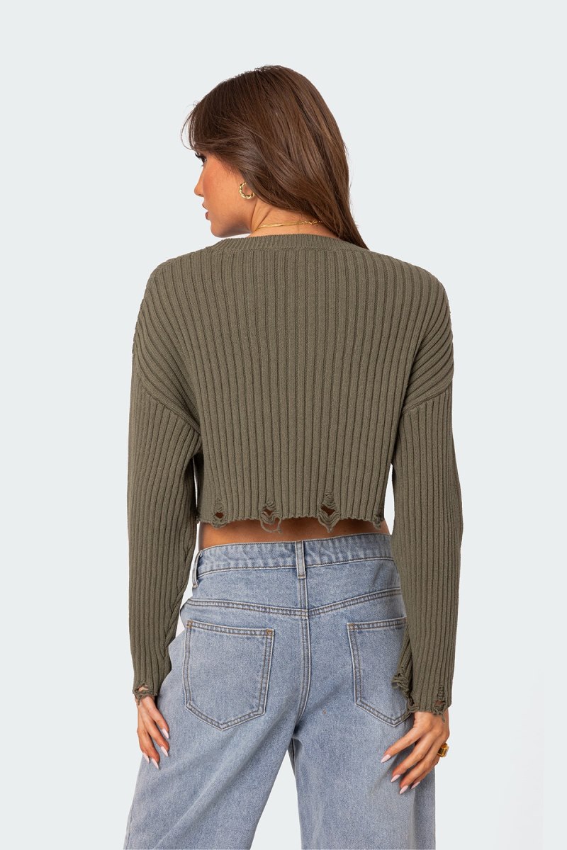Edikted Distressed Hem Oversized Cropped Sweater Long Sleeve Tops Olive | USA XU779197L7