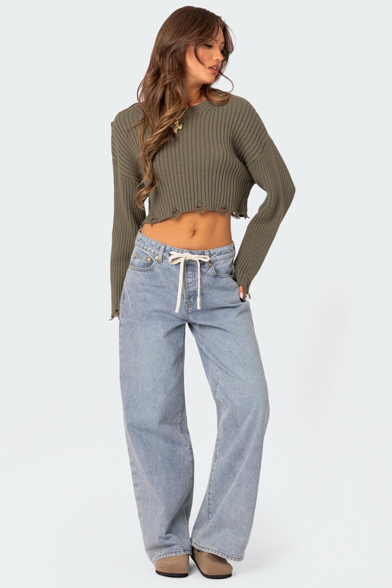 Edikted Distressed Hem Oversized Cropped Sweater Long Sleeve Tops Olive | USA XU779197L7