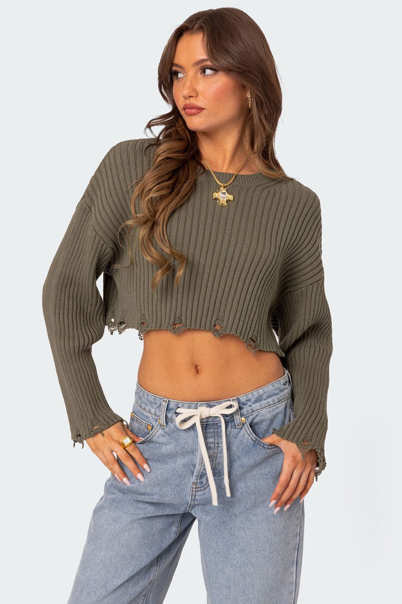 Edikted Distressed Hem Oversized Cropped Sweater Crop Tops Olive | USA GP781408S1