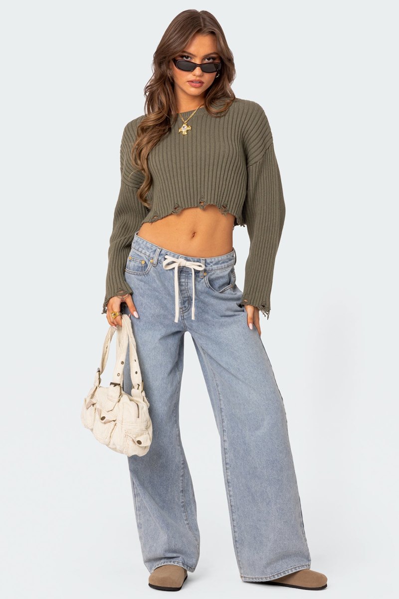 Edikted Distressed Hem Oversized Cropped Sweater Olive | USA LT300750O0