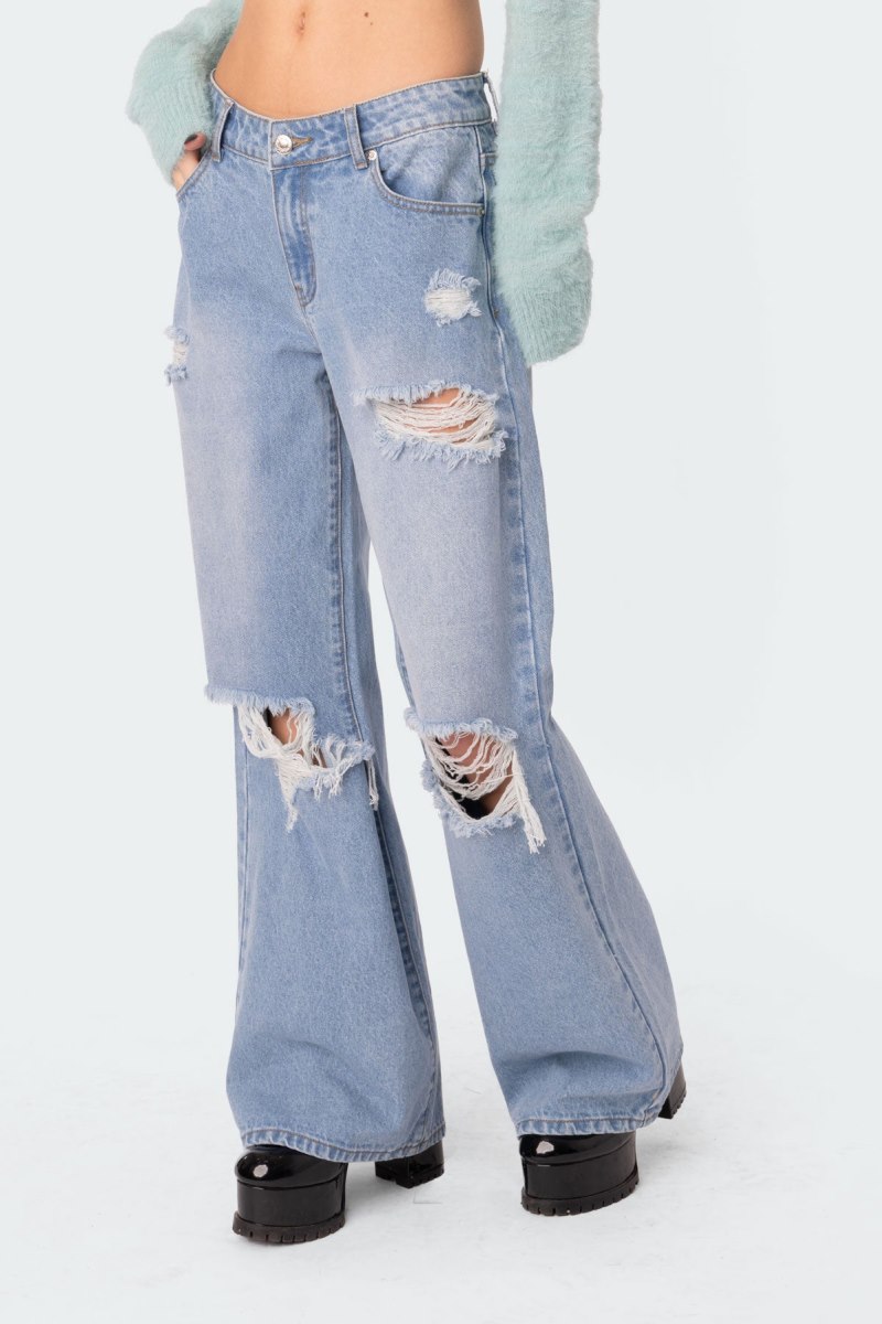 Edikted Distressed Low Rise Boyfriend Jeans Light Blue | USA LV640104S3