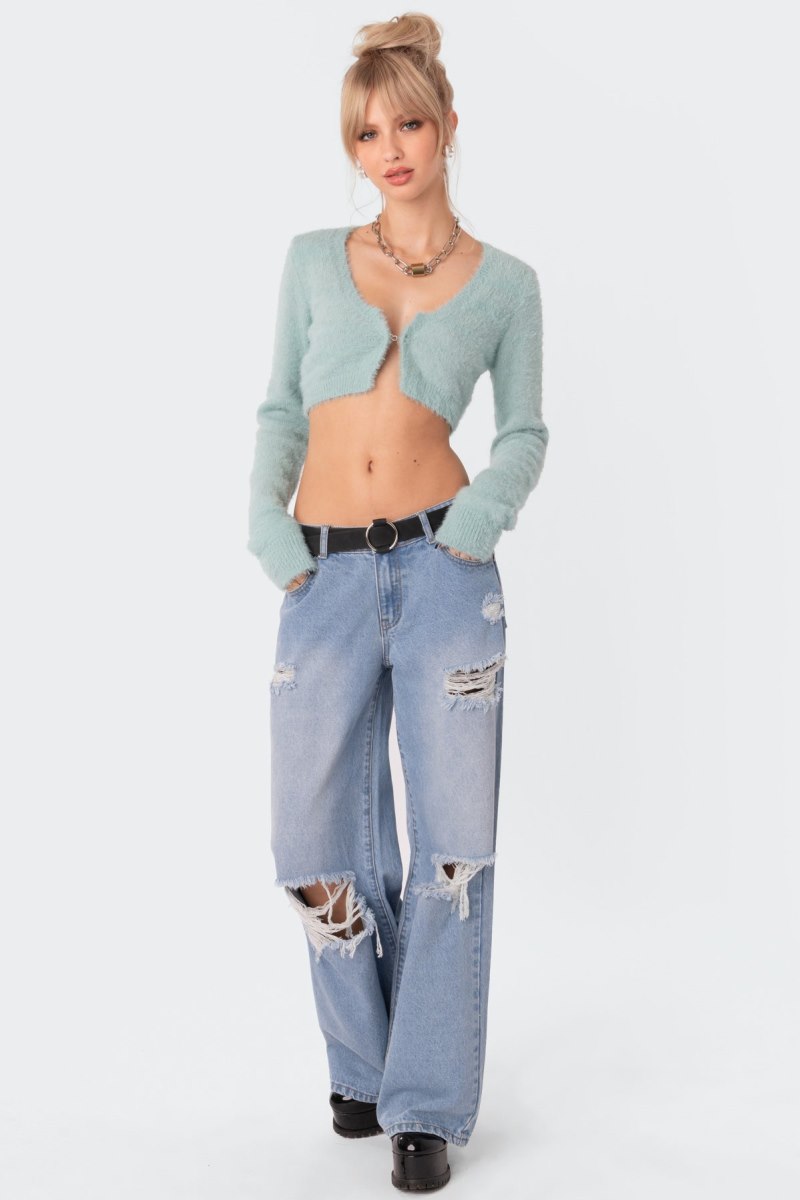 Edikted Distressed Low Rise Boyfriend Jeans Light Blue | USA LV640104S3
