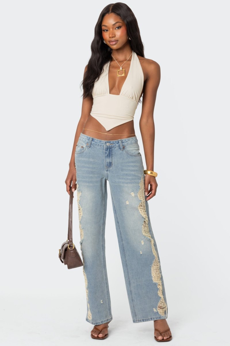 Edikted Distressed Sides Washed Jeans Light Blue | USA XB526292K2