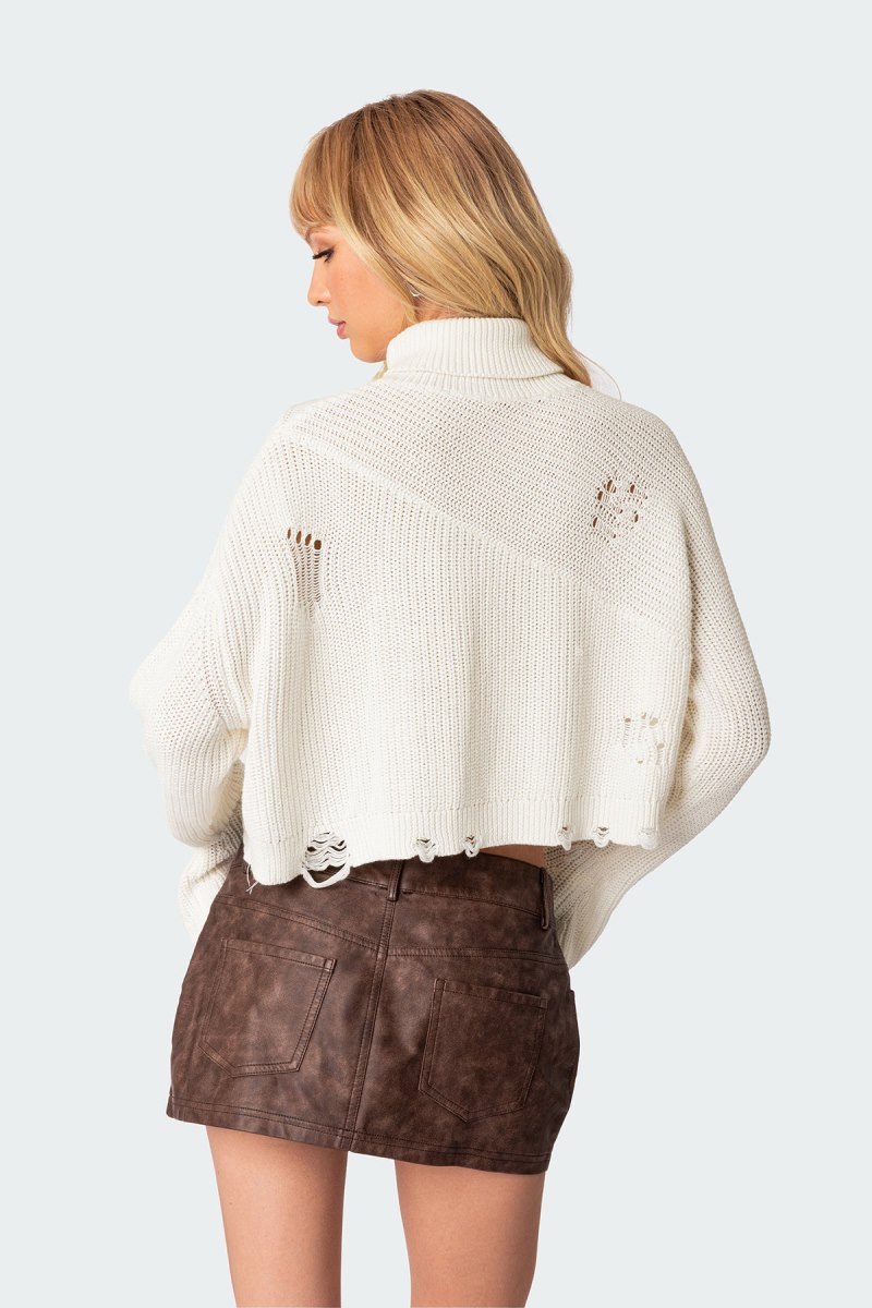 Edikted Distressed Turtle Neck Cropped Sweater Long Sleeve Tops Cream | USA FY087778U4