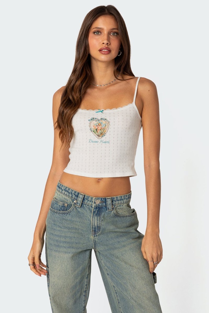 Edikted Divine Hearts Pointelle Tank Graphic Tops White | USA RZ307260R2