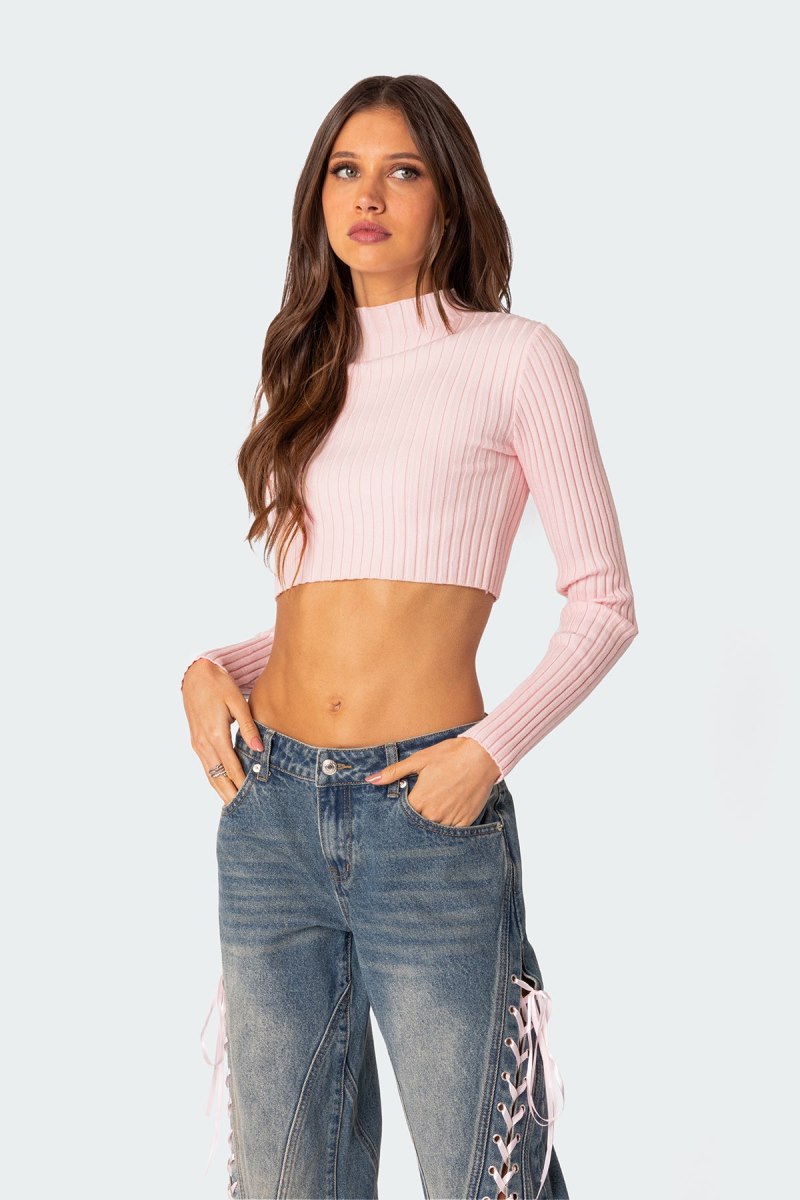 Edikted Dolly Knitted Crop Long Sleeve Tops Light Pink | USA SW189858G8