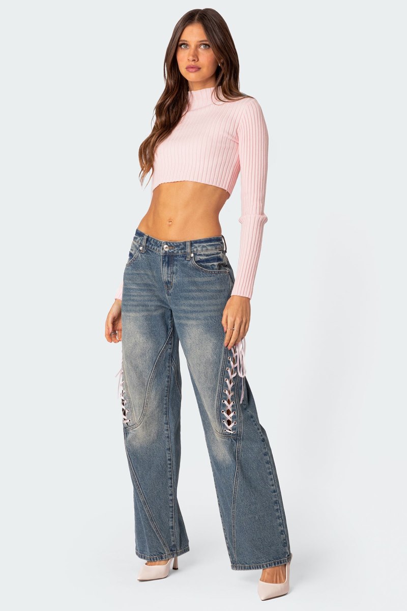 Edikted Dolly Knitted Crop Long Sleeve Tops Light Pink | USA SW189858G8