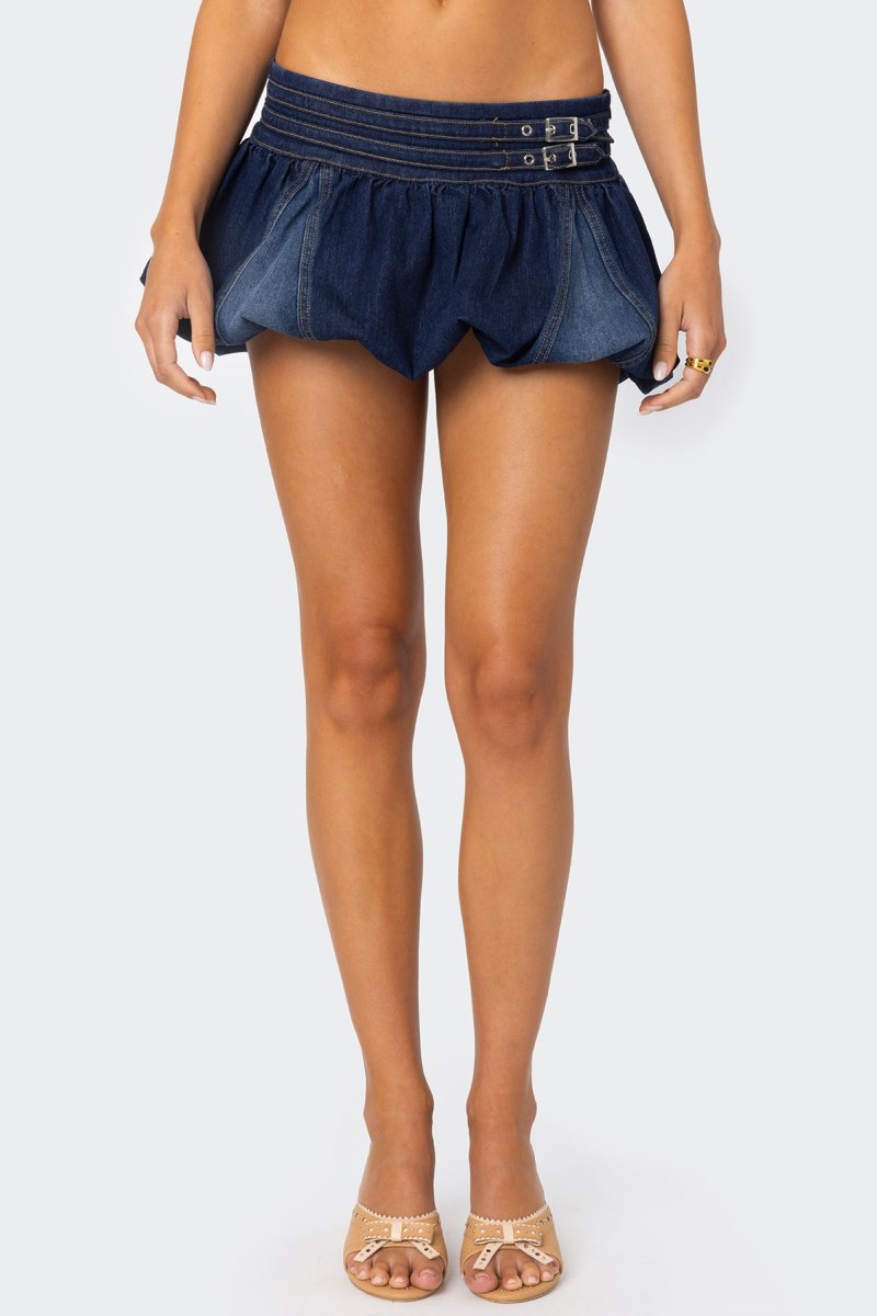 Edikted Double Belted Denim Bubble Skorts Blue | USA VR103550K3