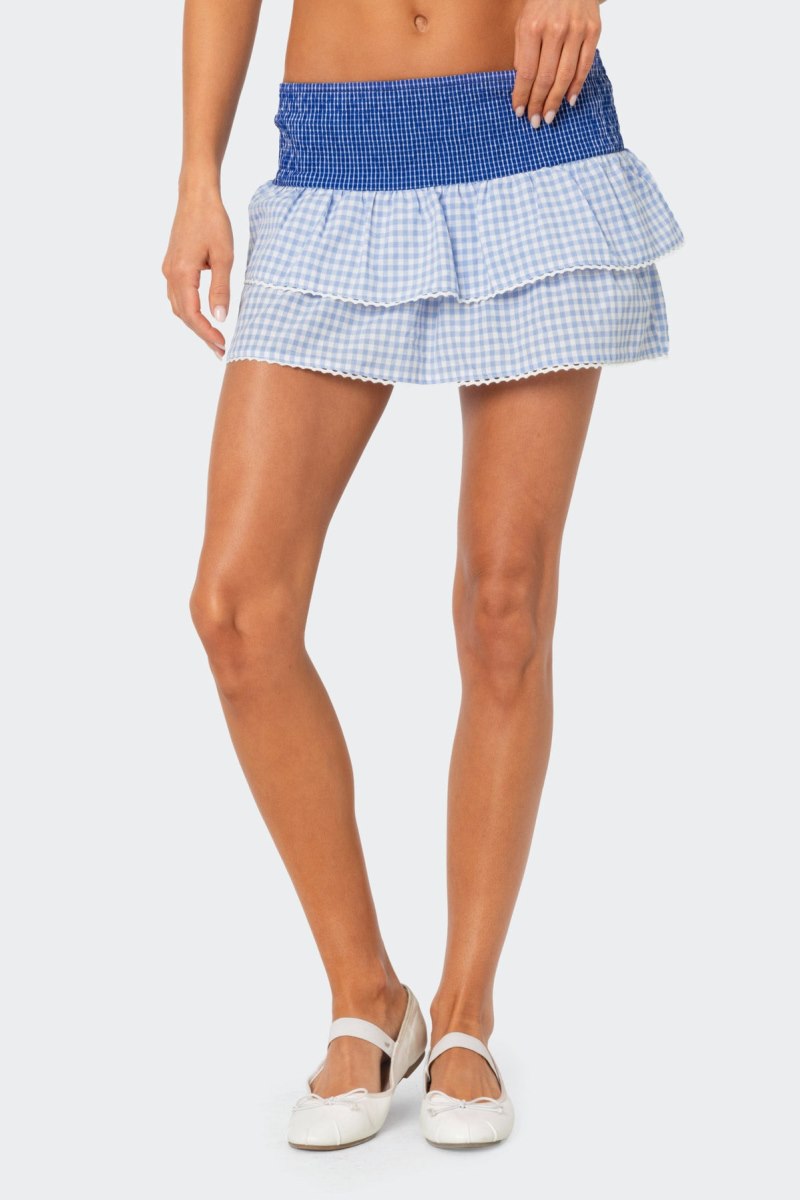 Edikted Double Gingham Ruffled Mini Skirts Blue | USA EZ287398G6