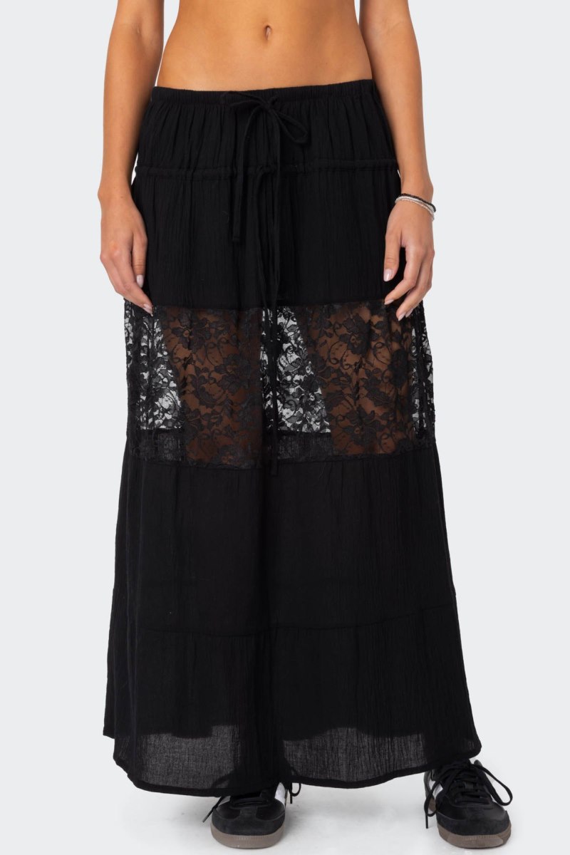 Edikted Double Tie Lace Panel Maxi Skirts Black | USA JO014861A4