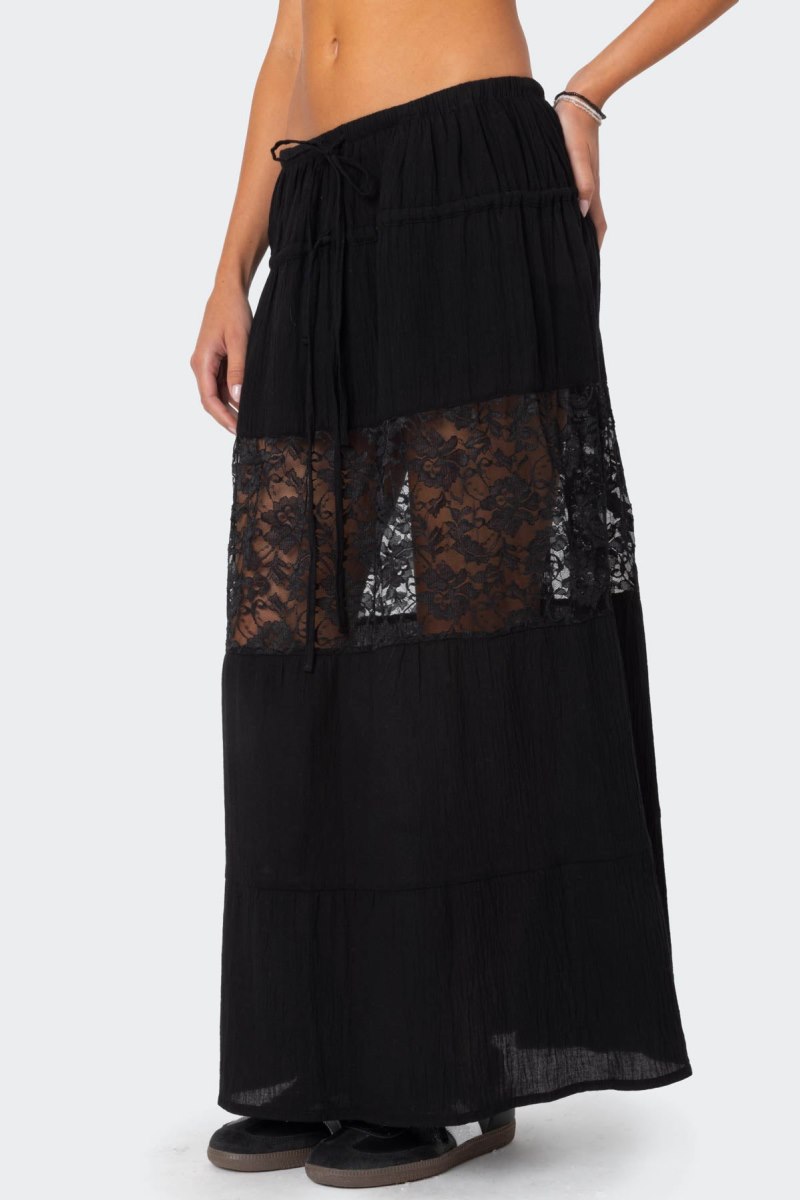 Edikted Double Tie Lace Panel Maxi Skirts Black | USA JO014861A4