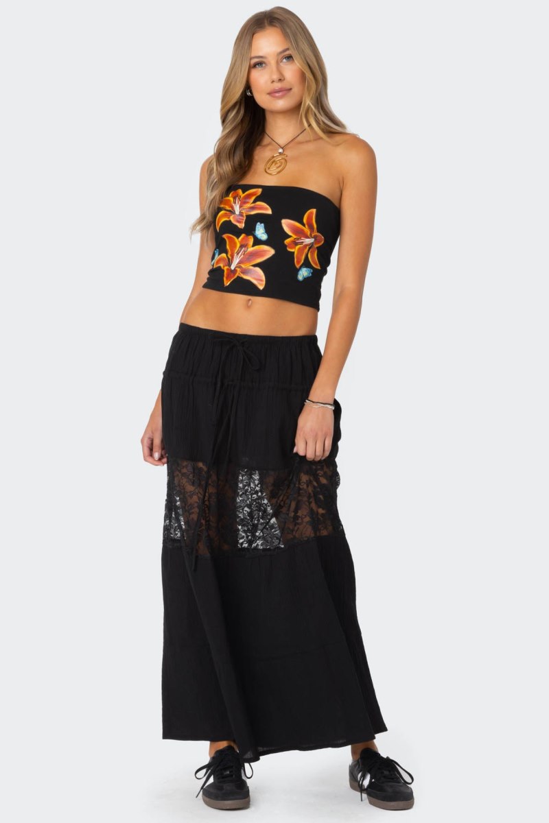 Edikted Double Tie Lace Panel Maxi Skirts Black | USA JO014861A4